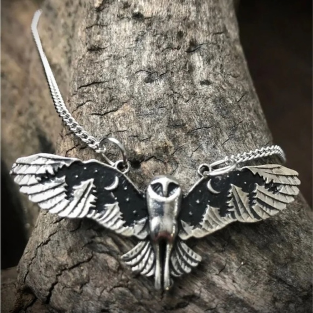 Midnight onyx Mystic Owl Pendant Necklace Boho hedwig harry potter Night sky